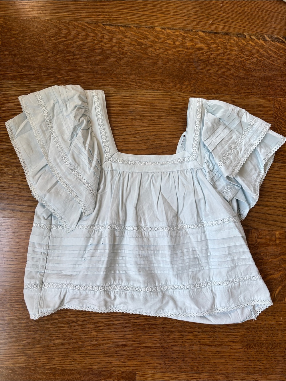 Square-Neck Flutter Sleeve Blouse in Light Blue